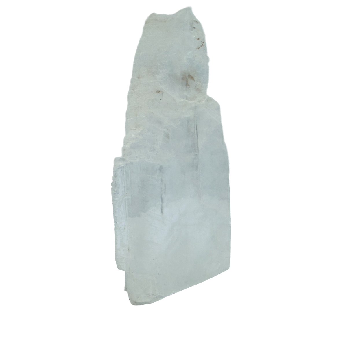 AAA grade selenite standing slab from New Mexico, top edge detail, translucent white gypsum fiber, specimen 70.