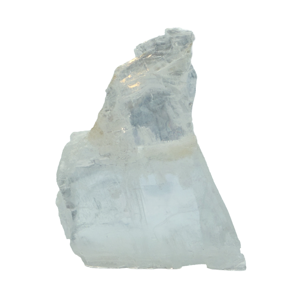 AAA grade selenite standing slab from New Mexico, front view, stepped profile that narrows toward the top with pale blue-white fiber with a tan inclusion along the upper edge, 3.95 x 0.99 x 5.09 in, 0.95 pounds.