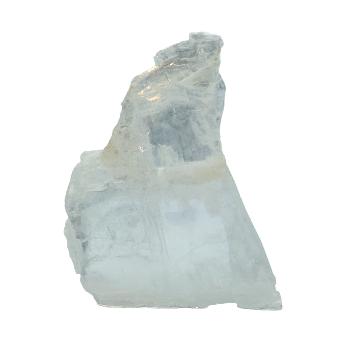 AAA grade selenite standing slab from New Mexico, front view, stepped profile that narrows toward the top with pale blue-white fiber with a tan inclusion along the upper edge, 3.95 x 0.99 x 5.09 in, 0.95 pounds.