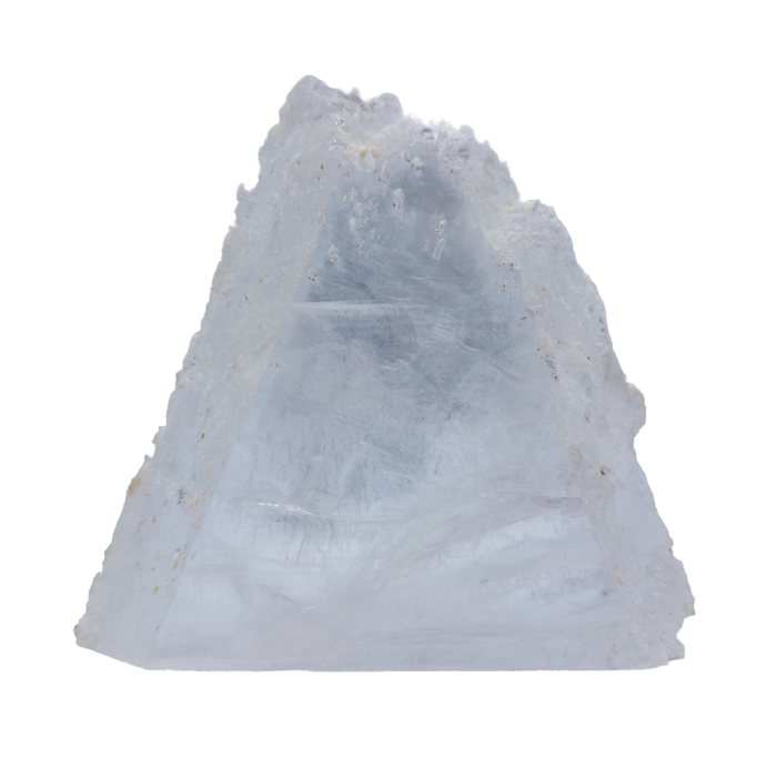 AAA grade selenite standing slab from New Mexico, front view, broad triangular form with a lavender-gray cast through the body and a cream crust along one edge, 6.28 x 1.18 x 5.98 in, 1.94 pounds.