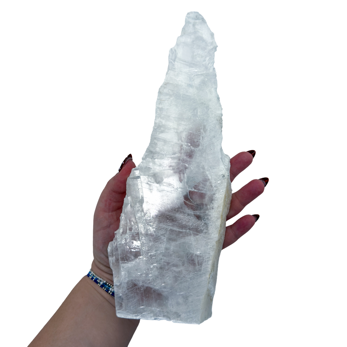 AAA grade selenite standing slab from New Mexico, further angle, translucent white gypsum fiber, specimen 73.