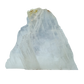 AAA grade selenite standing slab from New Mexico, front view, broad triangular fan with pale blue-white fiber under a small ochre cap at the peak, 7.27 x 0.81 x 6.57 in, 1.71 pounds.