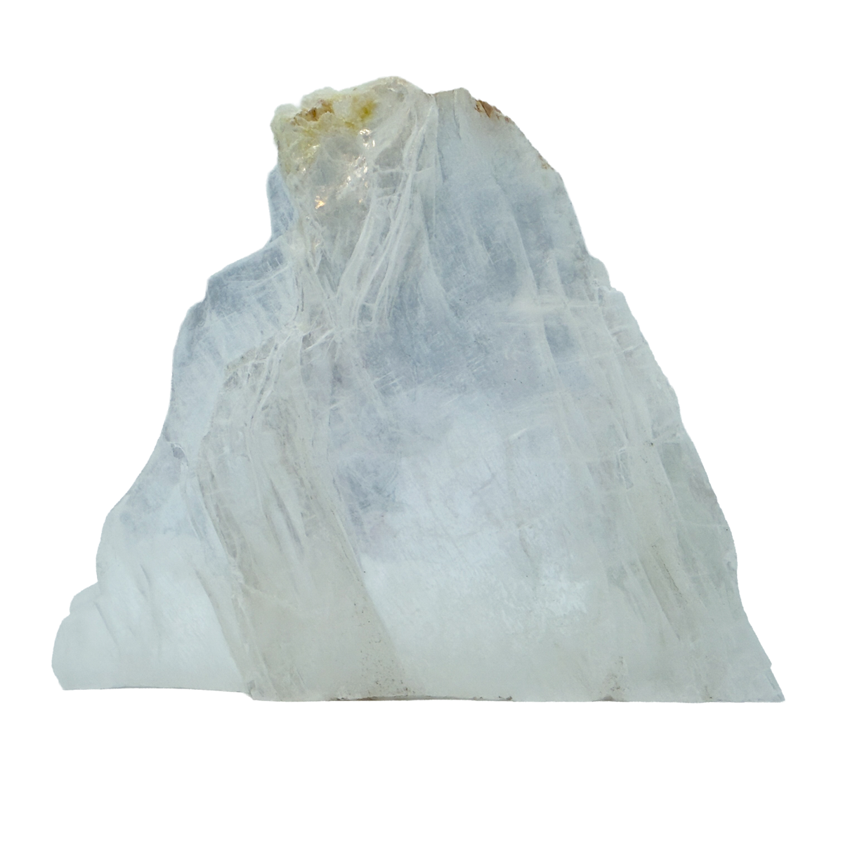 AAA grade selenite standing slab from New Mexico, front view, broad triangular fan with pale blue-white fiber under a small ochre cap at the peak, 7.27 x 0.81 x 6.57 in, 1.71 pounds.