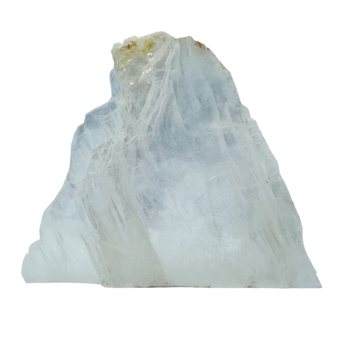 AAA grade selenite standing slab from New Mexico, front view, broad triangular fan with pale blue-white fiber under a small ochre cap at the peak, 7.27 x 0.81 x 6.57 in, 1.71 pounds.