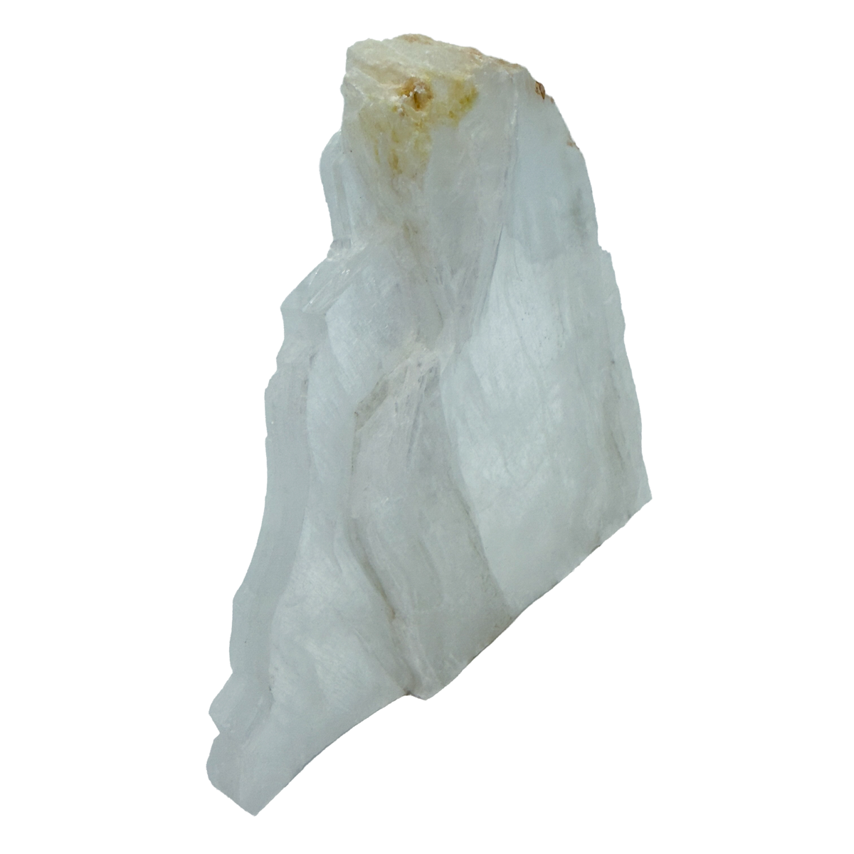 AAA grade selenite standing slab from New Mexico, detail of the fibrous surface, translucent white gypsum fiber, specimen 75.