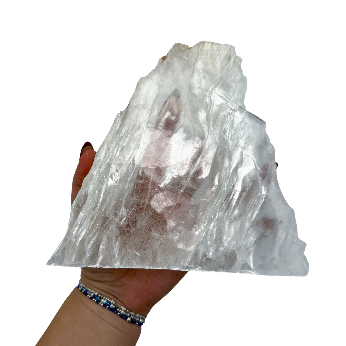AAA grade selenite standing slab from New Mexico, further angle, translucent white gypsum fiber, specimen 75.