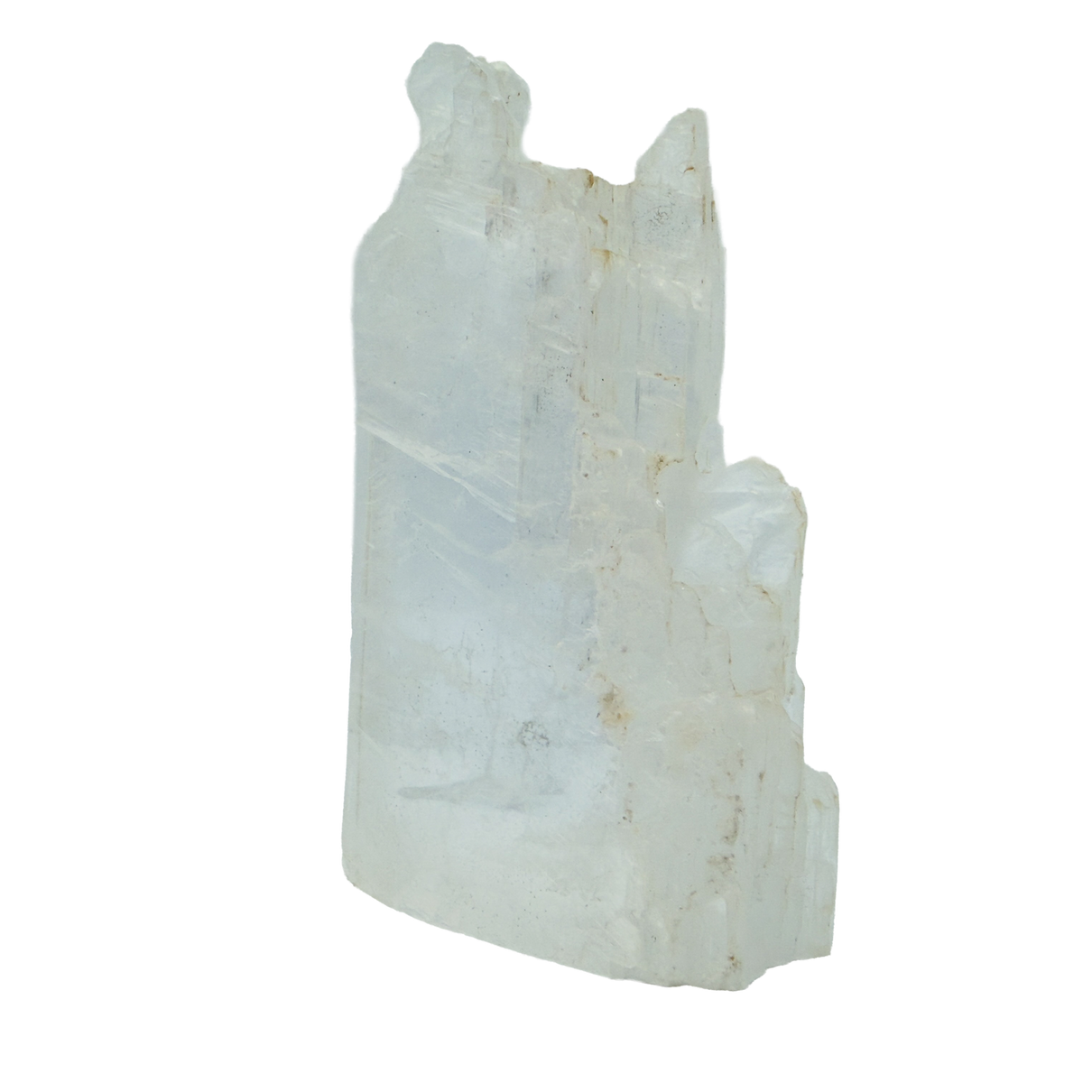 AAA grade selenite standing slab from New Mexico, left profile, translucent white gypsum fiber, specimen 76.