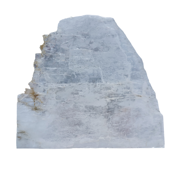 AAA grade selenite standing slab from New Mexico, front view, broad flat fan with pale gray fiber with small tan nodes along one edge, 8.89 x 0.88 x 8.38 in, 3.35 pounds.