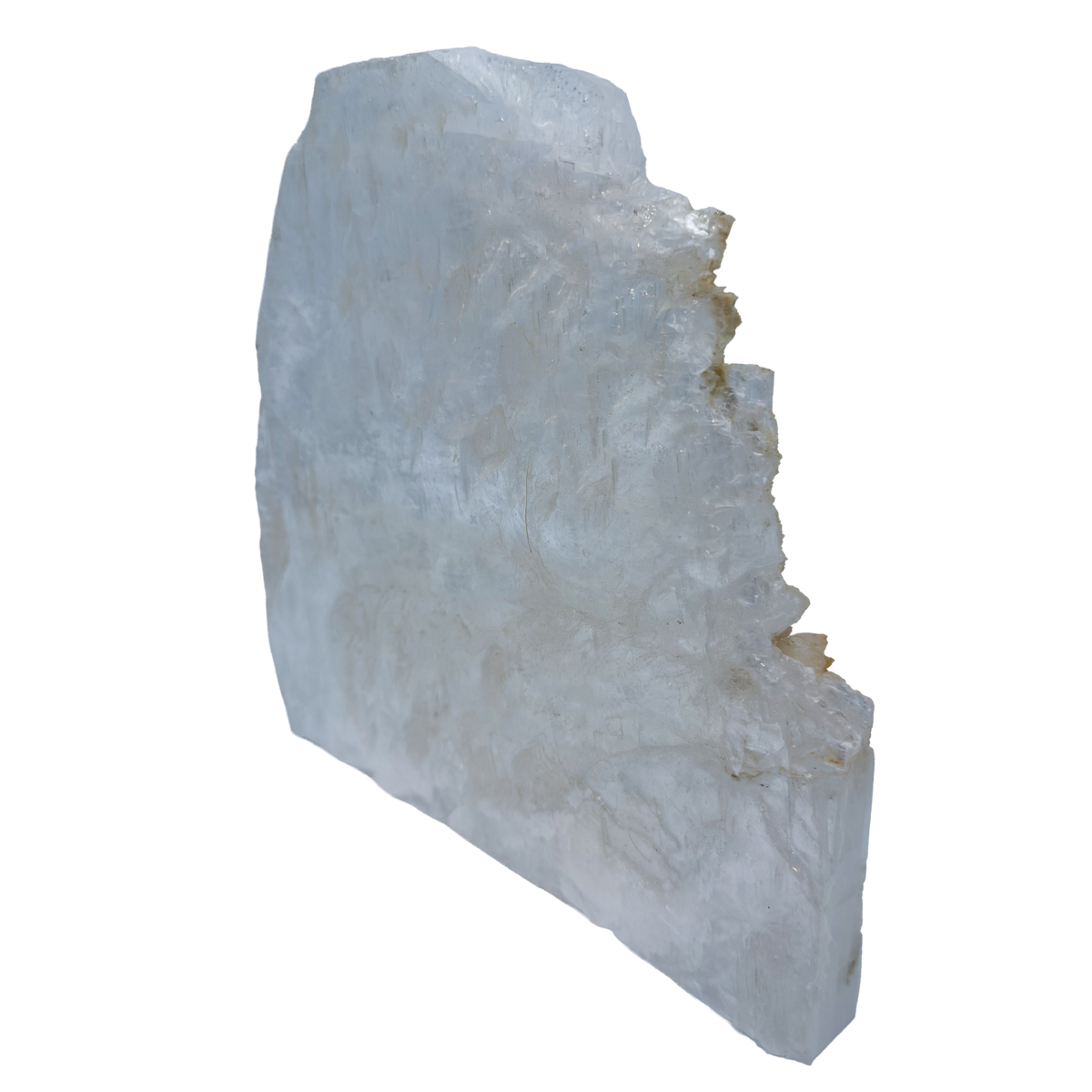 AAA grade selenite standing slab from New Mexico, top edge detail, translucent white gypsum fiber, specimen 77.