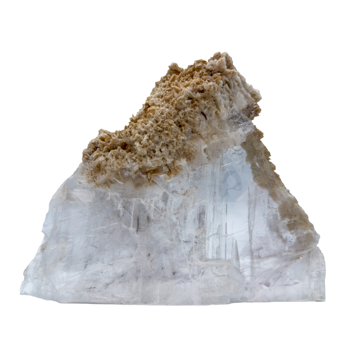 AAA grade selenite standing slab from New Mexico, front view, broad peak with a heavy ochre matrix crust across the whole top edge, 8.54 x 1.24 x 6.54 in, 2.77 pounds.