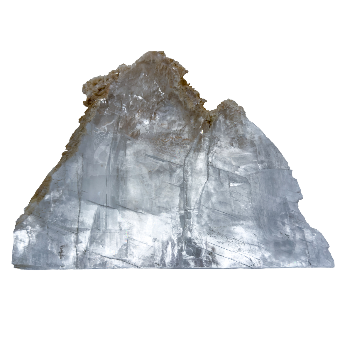 AAA grade selenite standing slab from New Mexico, top edge detail, translucent white gypsum fiber, specimen 78.