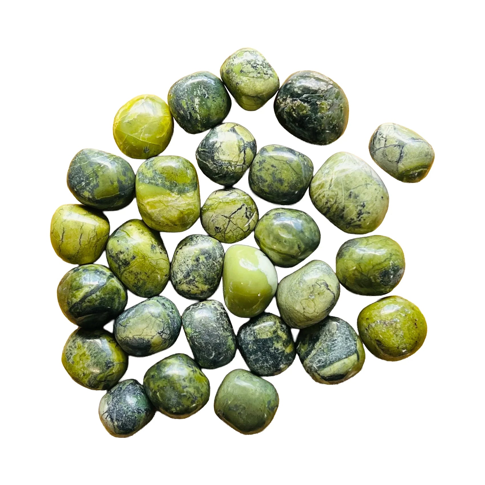 Serpentine tumbled stones, AA grade, Peru origin, hero view.