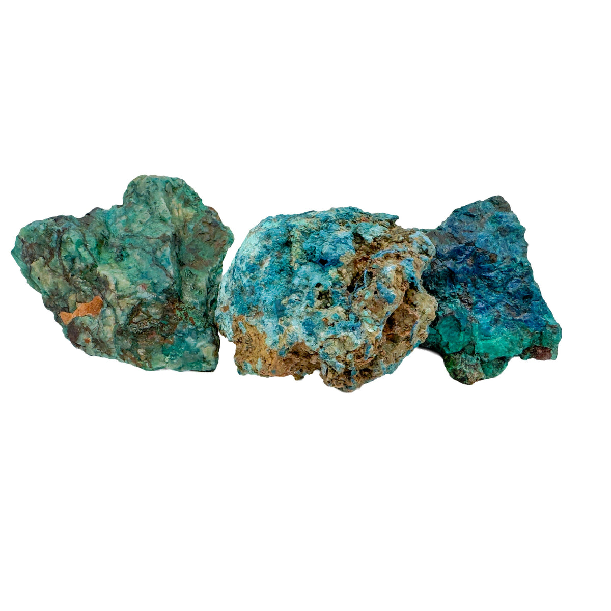 Three A-grade Shattuckite and Chrysocolla raw stones from Kunene, Namibia, spread on white to show the 1 to 2 inch size and the range from deep blue into green teal.