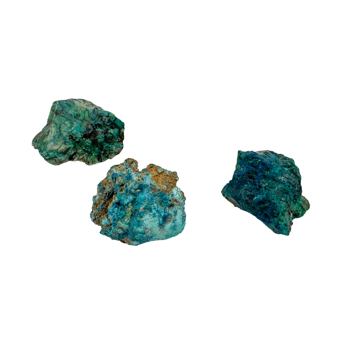 Size variation across three raw Shattuckite and Chrysocolla stones, from a small one inch chunk to a piece approaching two inches.