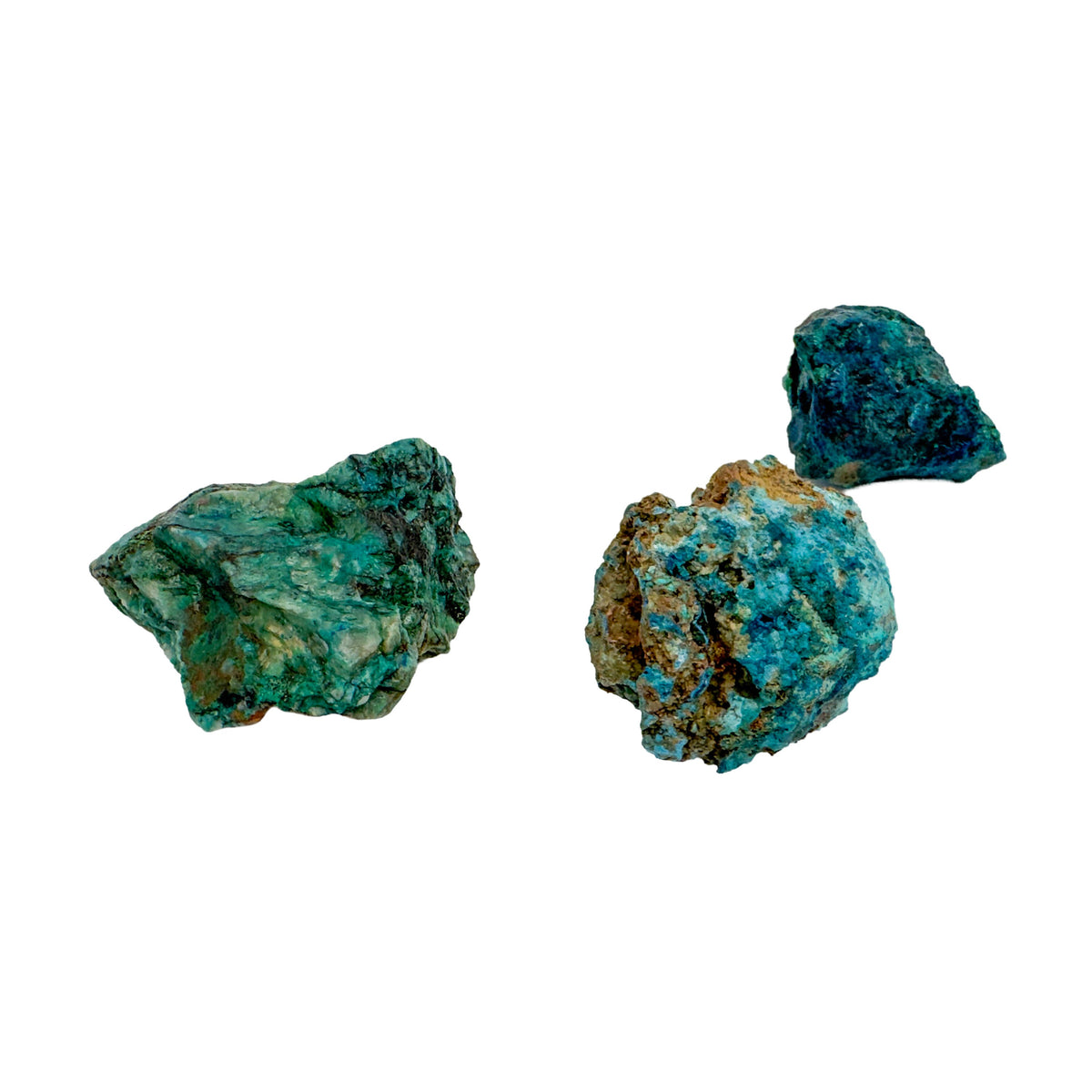 Raw Shattuckite and Chrysocolla pieces showing the color range in one lot, green teal on one stone and saturated cerulean blue on another.