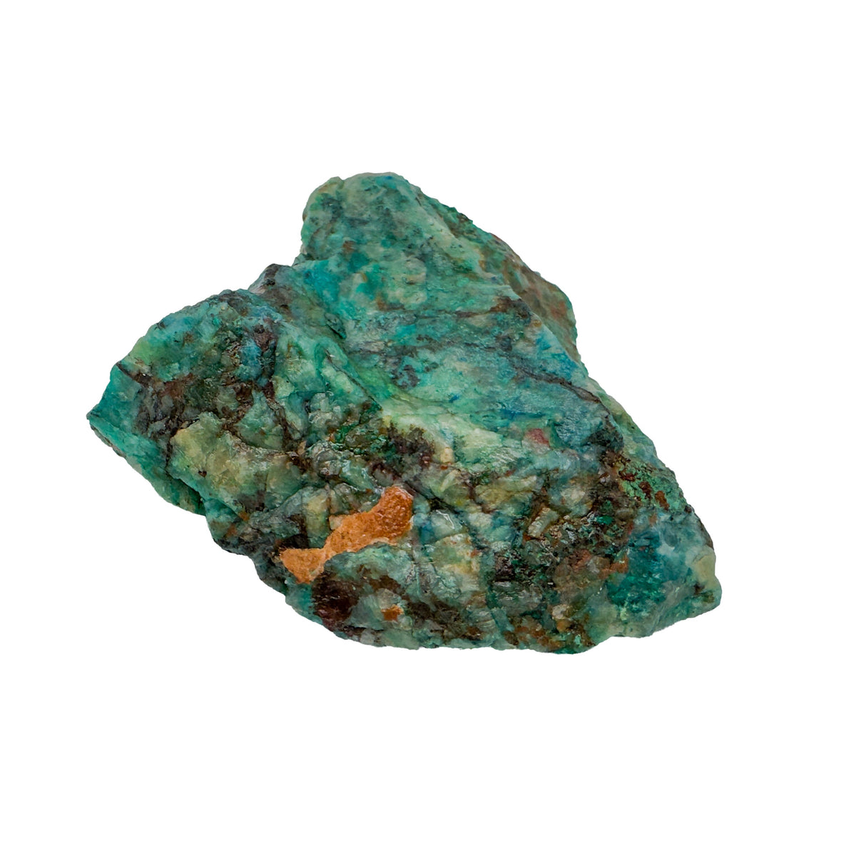 Detail of a green-teal Chrysocolla piece with darker Shattuckite patches and a small orange oxide inclusion near the edge.