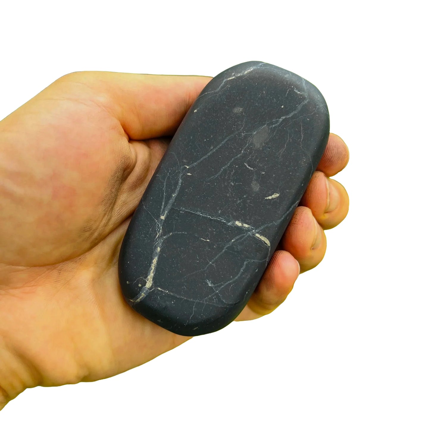 Looking down on Shungite palm stone, showing glassy finish, often kept for Protection.