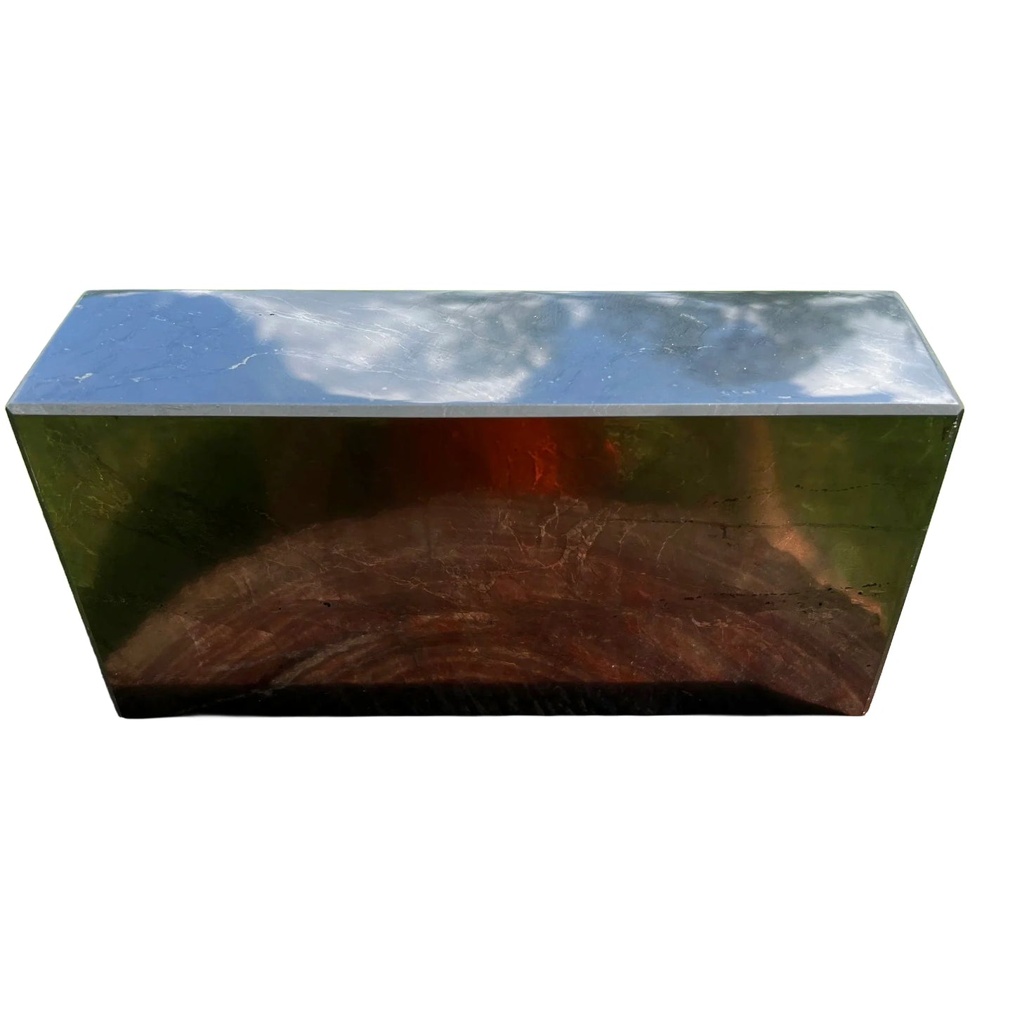 Top-down shot of Shungite polished block, traditionally used for Protection, sourced from Russia.