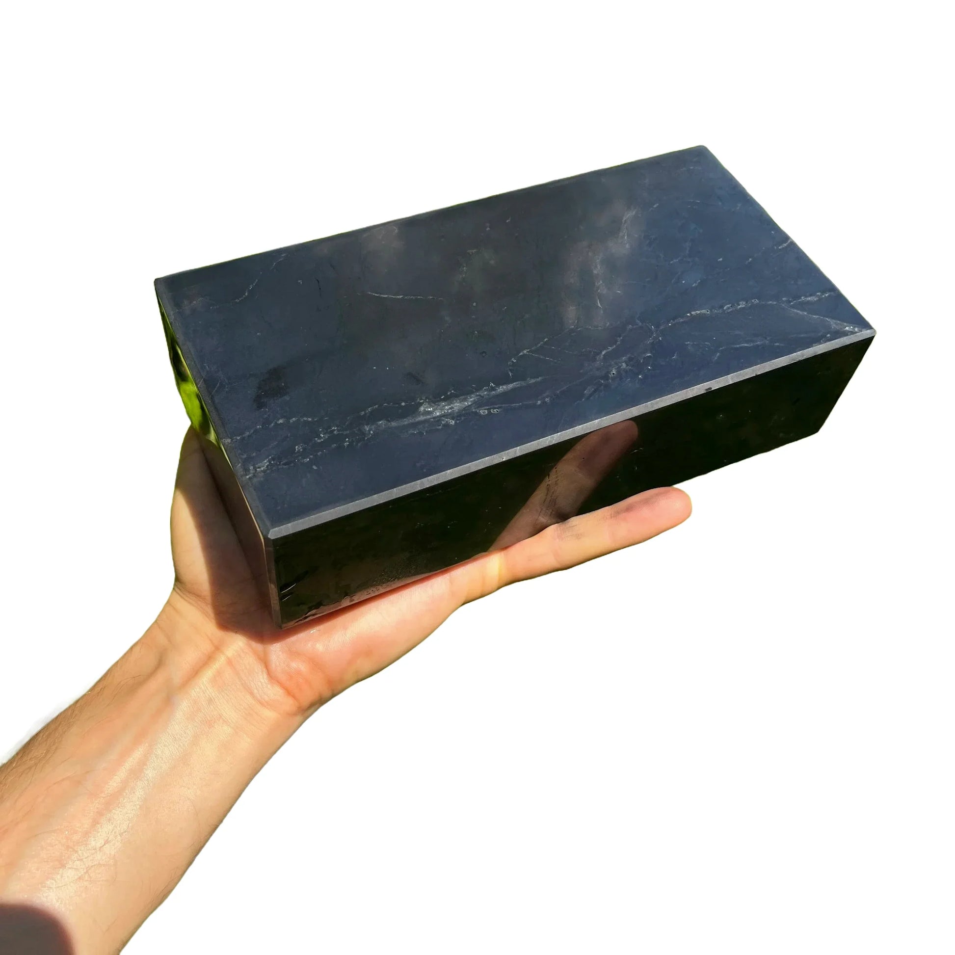 Full piece view of Shungite stone, from Republic of Karélia, Russia, with surface texture in view.