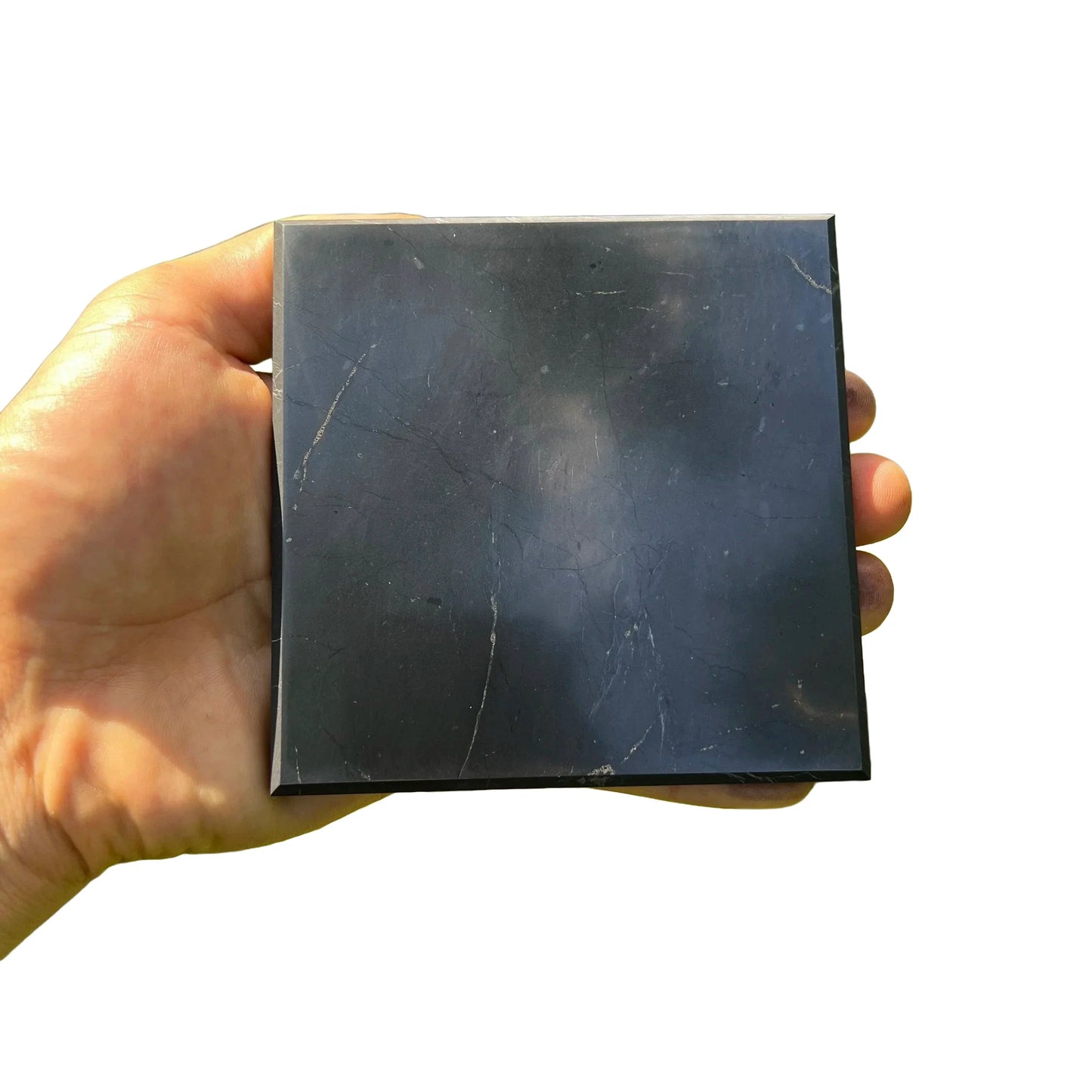 Palm-scale view of one Shungite polished slab for scale, hand-selected from Republic of Karélia, Russia.