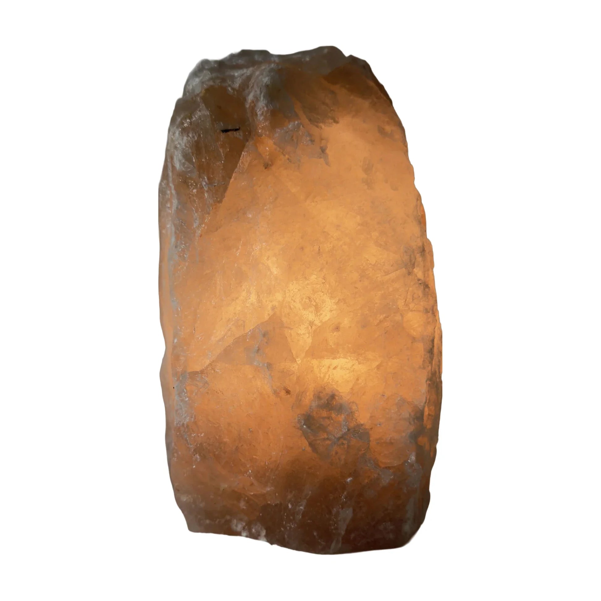 Smoky quartz crystal lamp lit, showing warm internal glow, from Brazil
