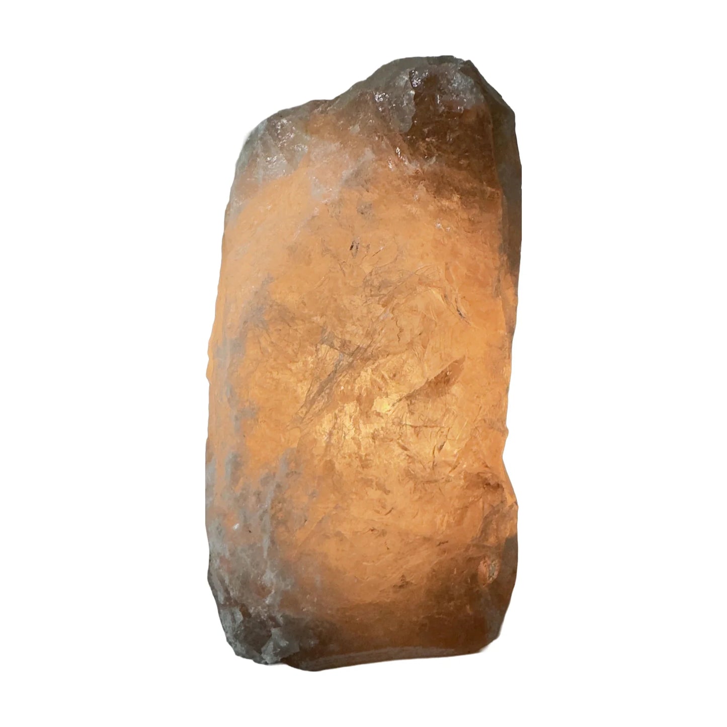 Smoky quartz crystal lamp lit, detail of internal fractures and color