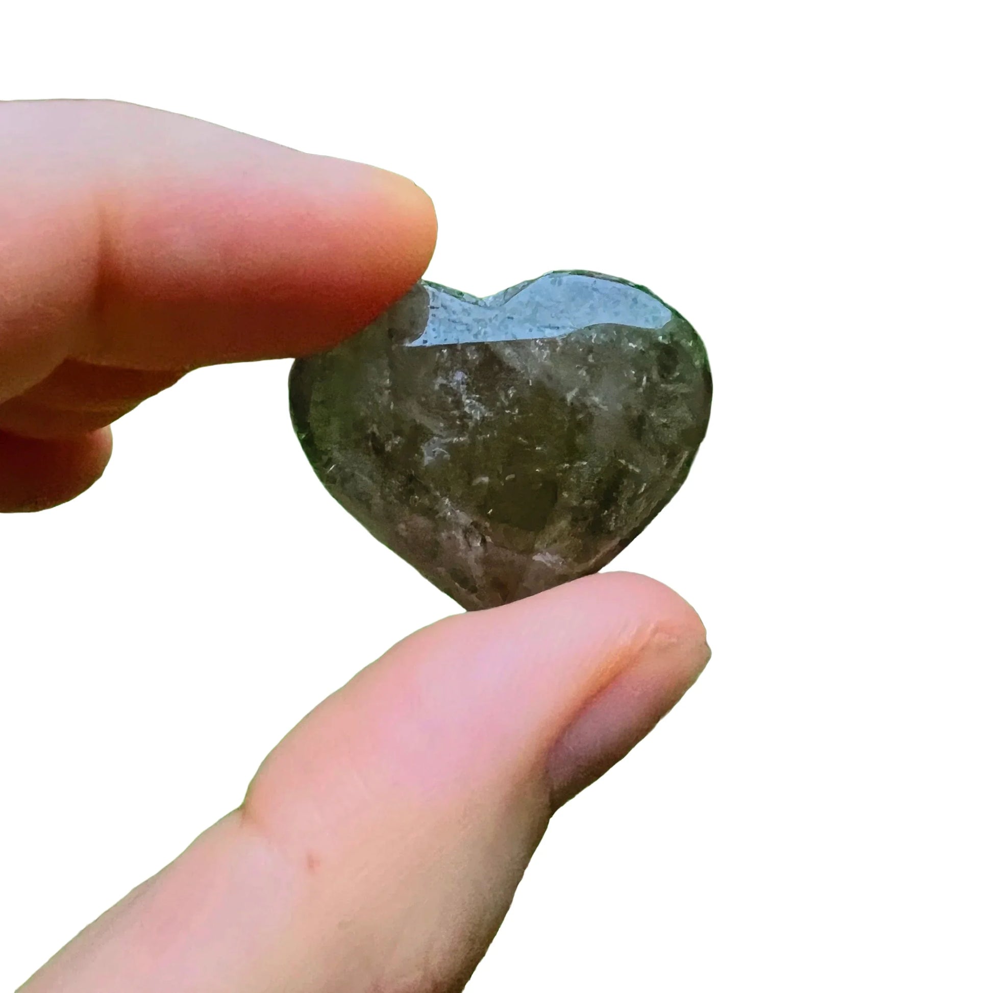Detail shot showing Smoky Quartz polished heart, sourced from Brazil, traditionally used for Grounding.