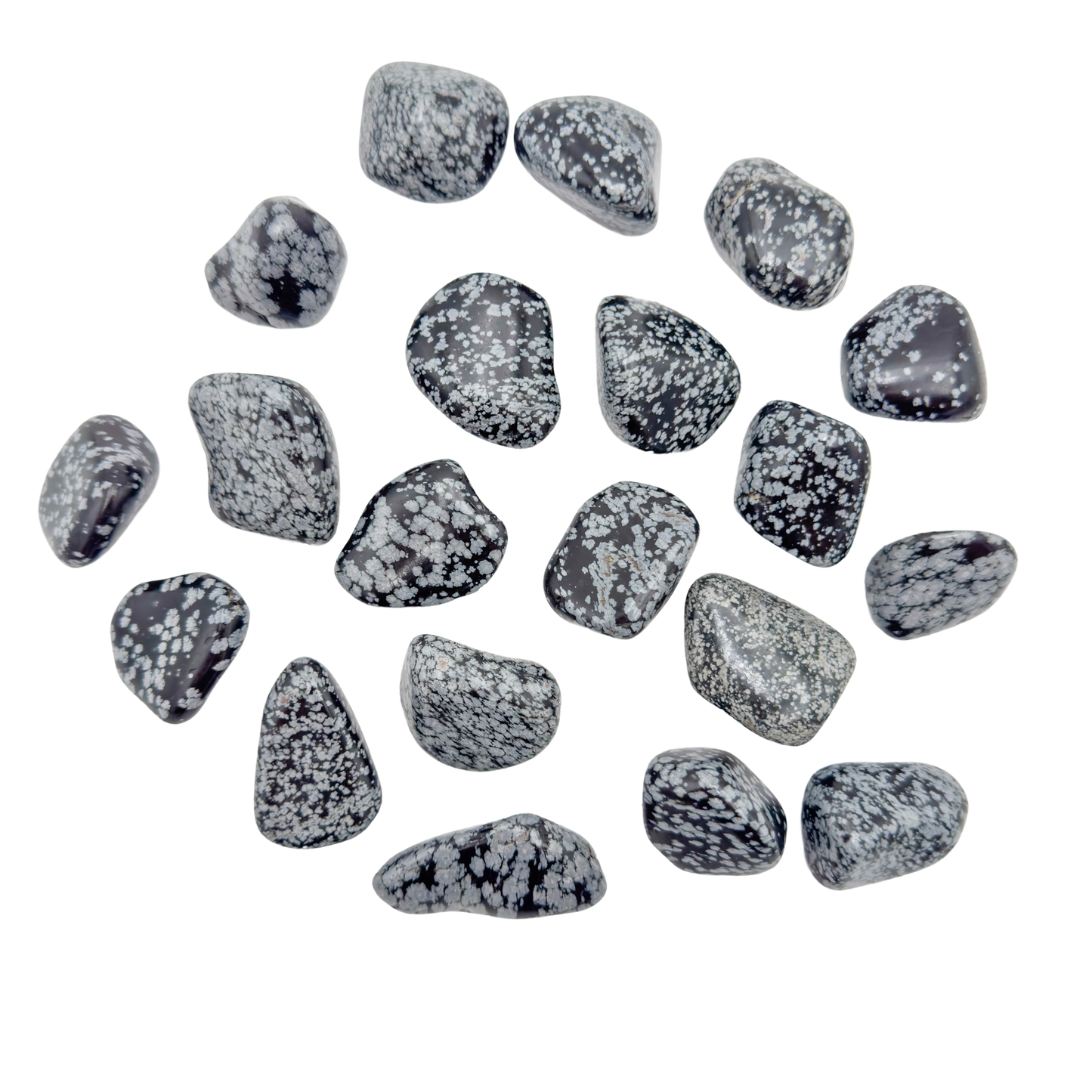 Snowflake Obsidian tumbled stones scattered flat lay, AA grade from Utah, 1.5 to 2 inch palm size