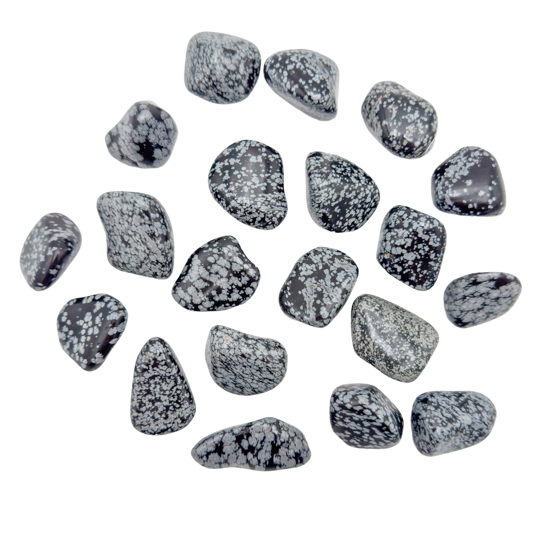 Snowflake Obsidian tumbled stones scattered flat lay, AA grade from Utah, 1.5 to 2 inch palm size