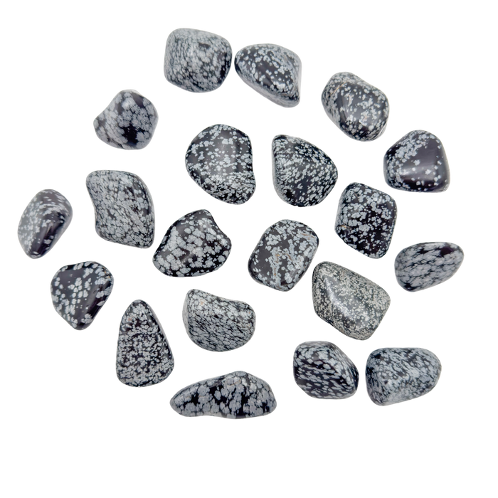Snowflake Obsidian tumbled stones scattered flat lay, AA grade from Utah, 1.5 to 2 inch palm size