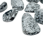 Group of Snowflake Obsidian tumbled stones showing glossy black surface and white speckling