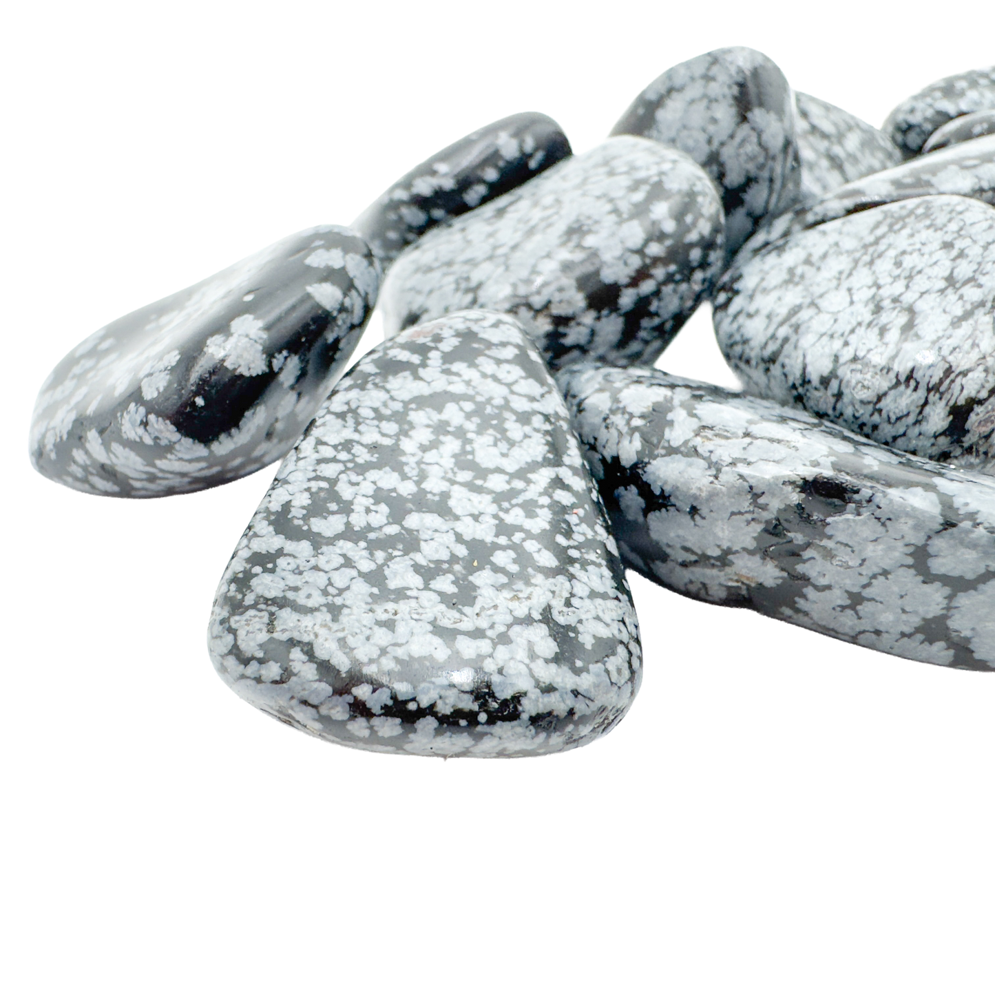Snowflake Obsidian tumbled stones grouped to show 1.5 to 2 inch scale, 16 to 24 pieces per pound