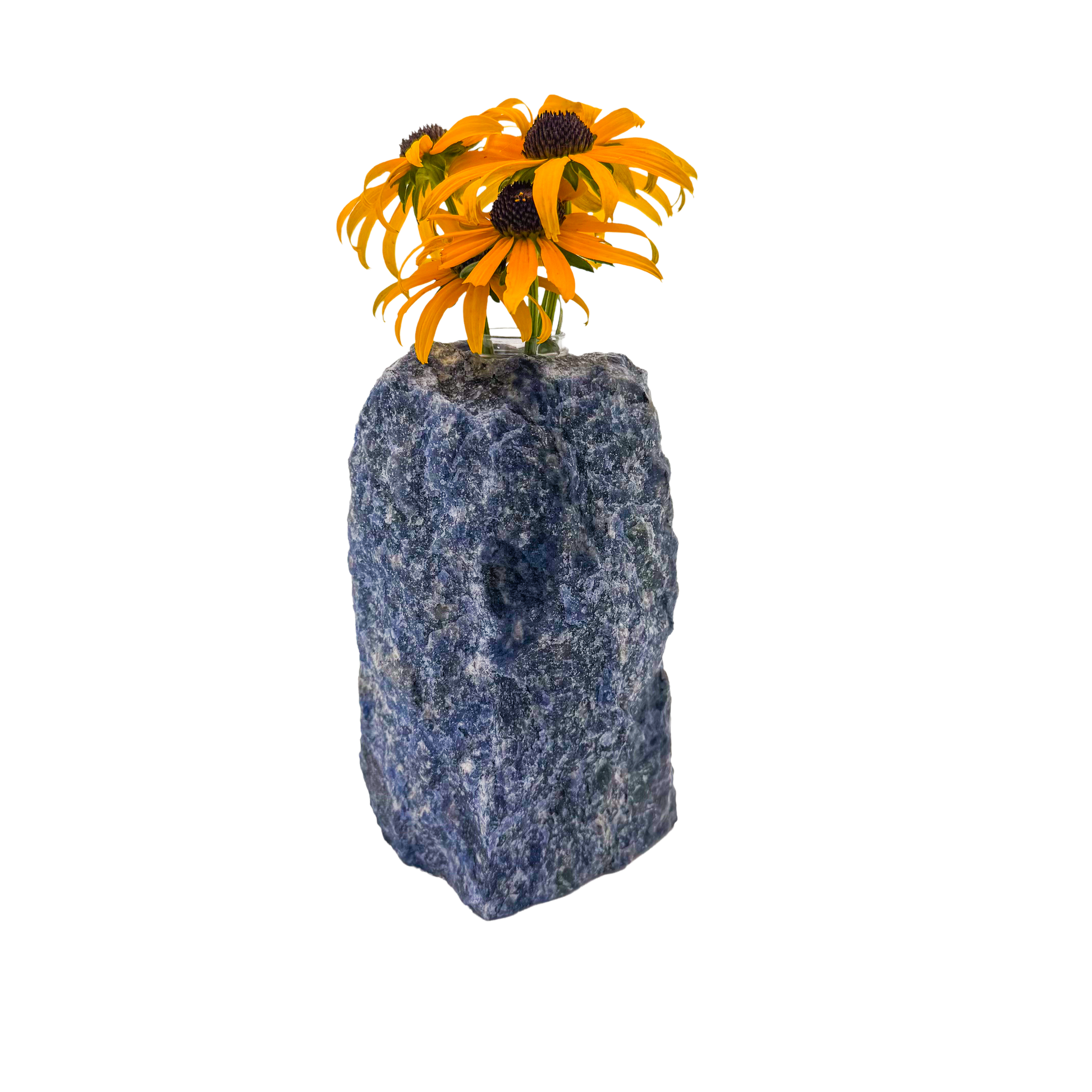 Sodalite crystal vase in deep blue stone with white calcite veining, A grade, Minas Gerais Brazil, view 2