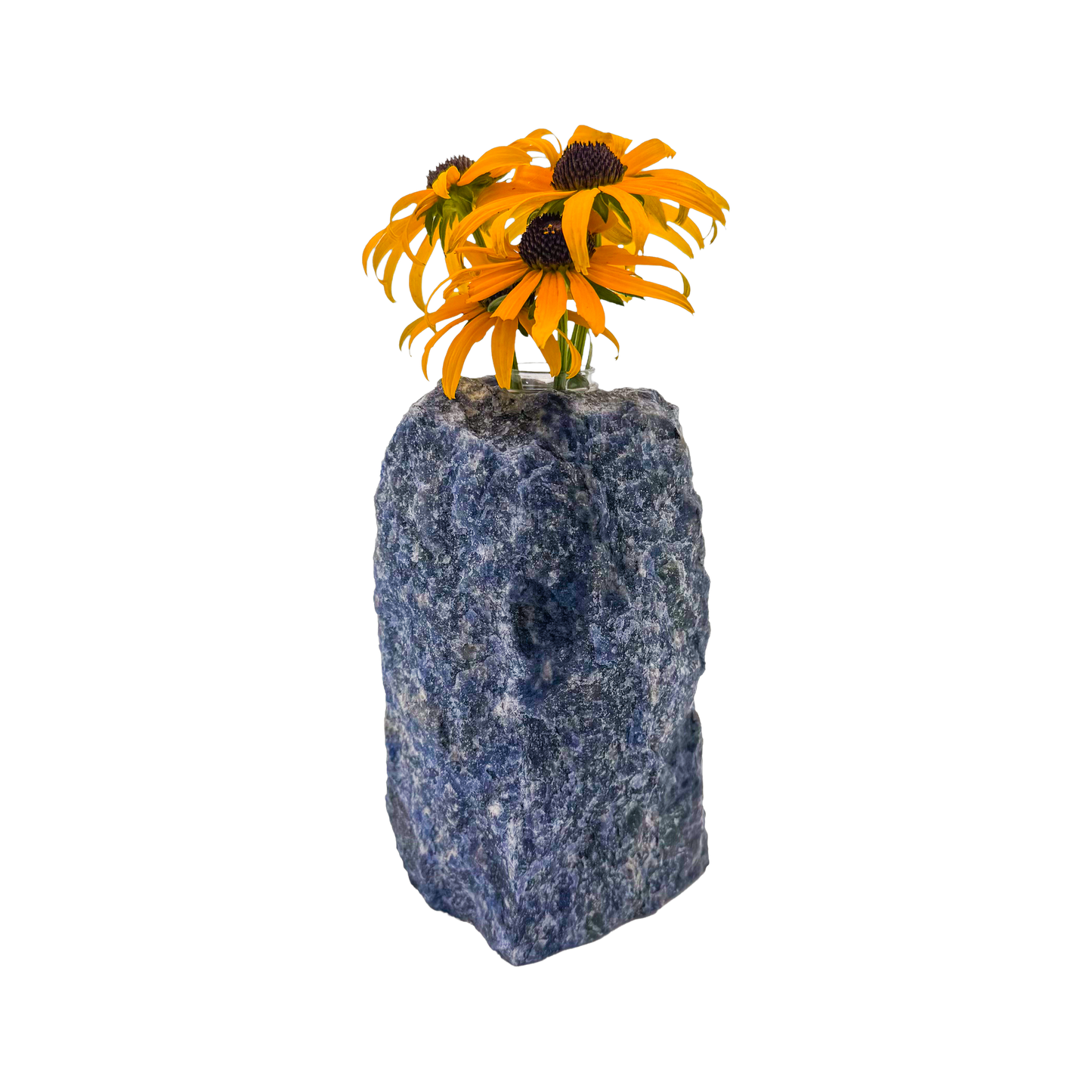 Sodalite crystal vase in deep blue stone with white calcite veining, A grade, Minas Gerais Brazil, view 2