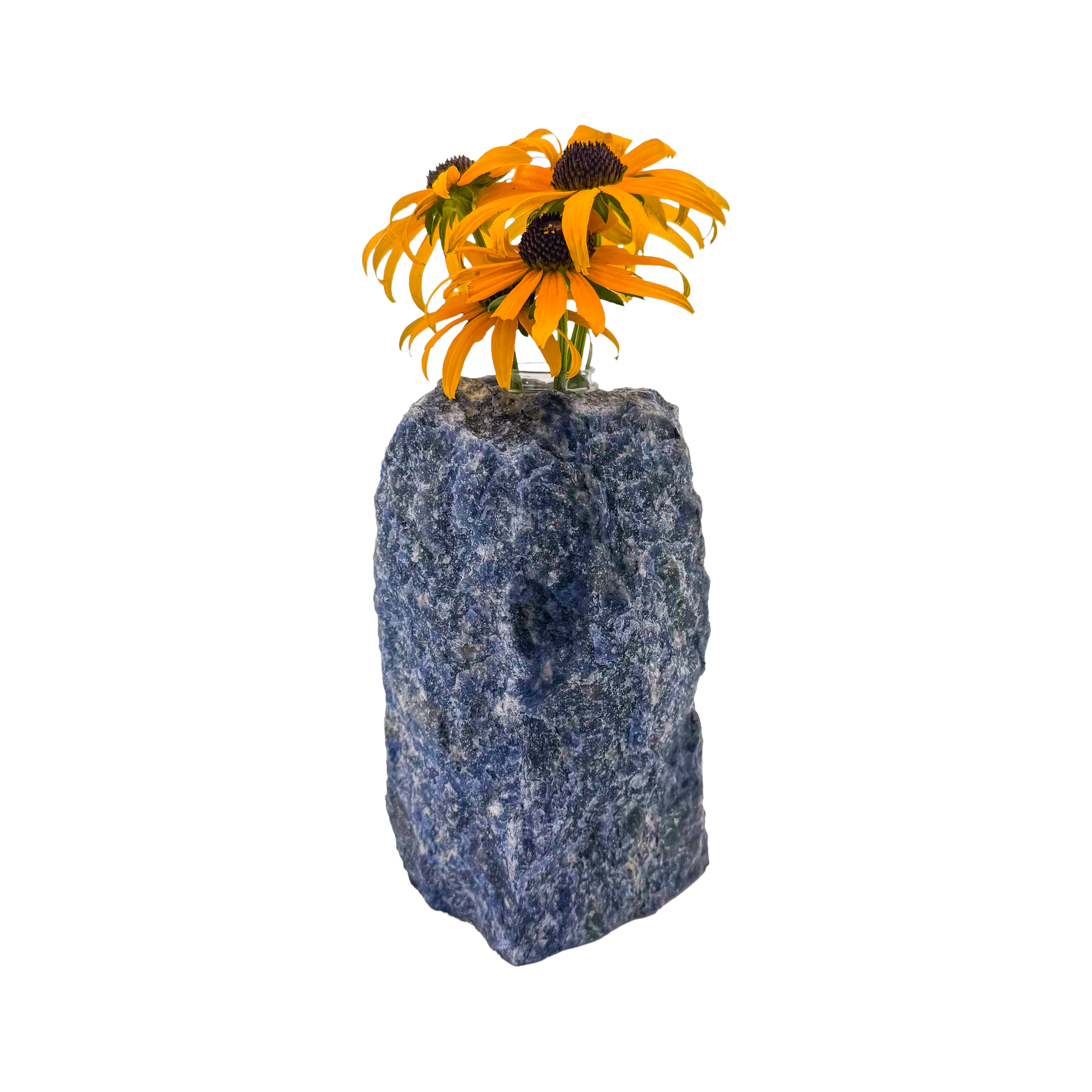 Sodalite crystal vase in deep blue stone with white calcite veining, A grade, Minas Gerais Brazil, view 2