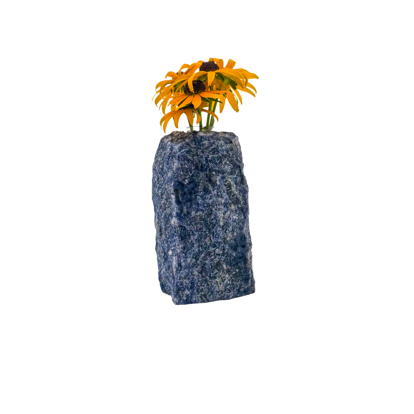 Sodalite crystal vase in deep blue stone with white calcite veining, A grade, Minas Gerais Brazil, view 3