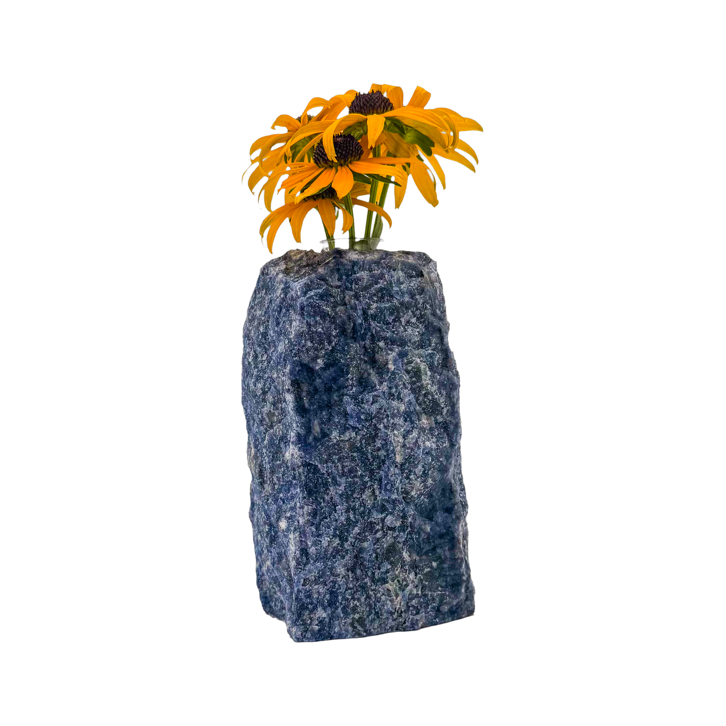 Sodalite crystal vase in deep blue stone with white calcite veining, A grade, Minas Gerais Brazil, view 3