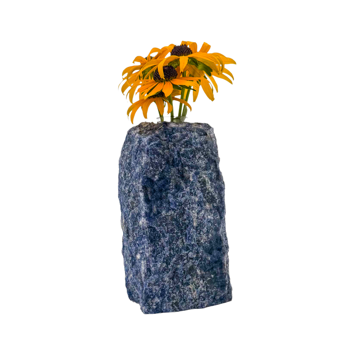 Sodalite crystal vase in deep blue stone with white calcite veining, A grade, Minas Gerais Brazil, view 3
