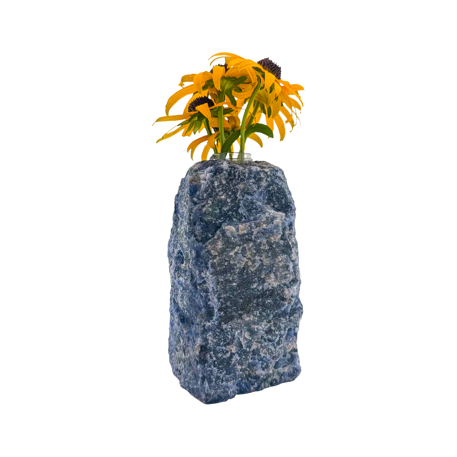 Sodalite crystal vase in deep blue stone with white calcite veining, A grade, Minas Gerais Brazil, view 4