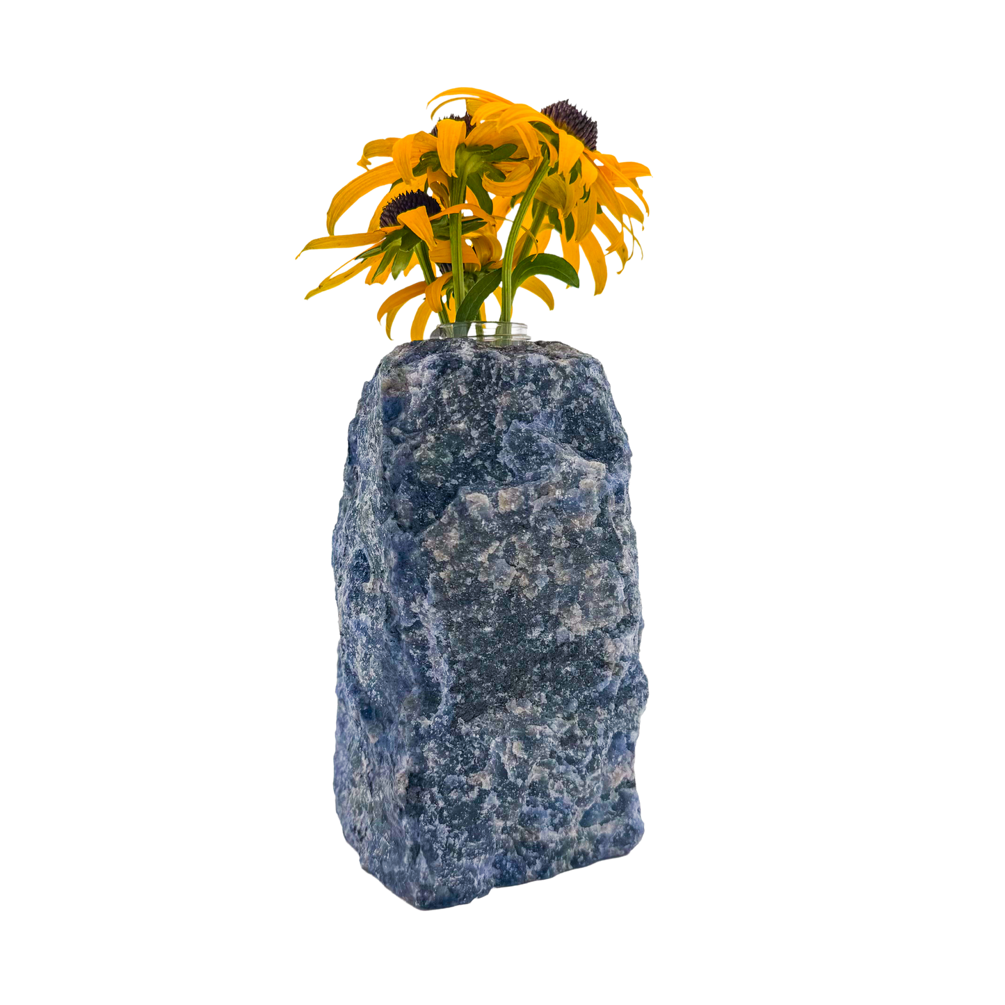 Sodalite crystal vase in deep blue stone with white calcite veining, A grade, Minas Gerais Brazil, view 4