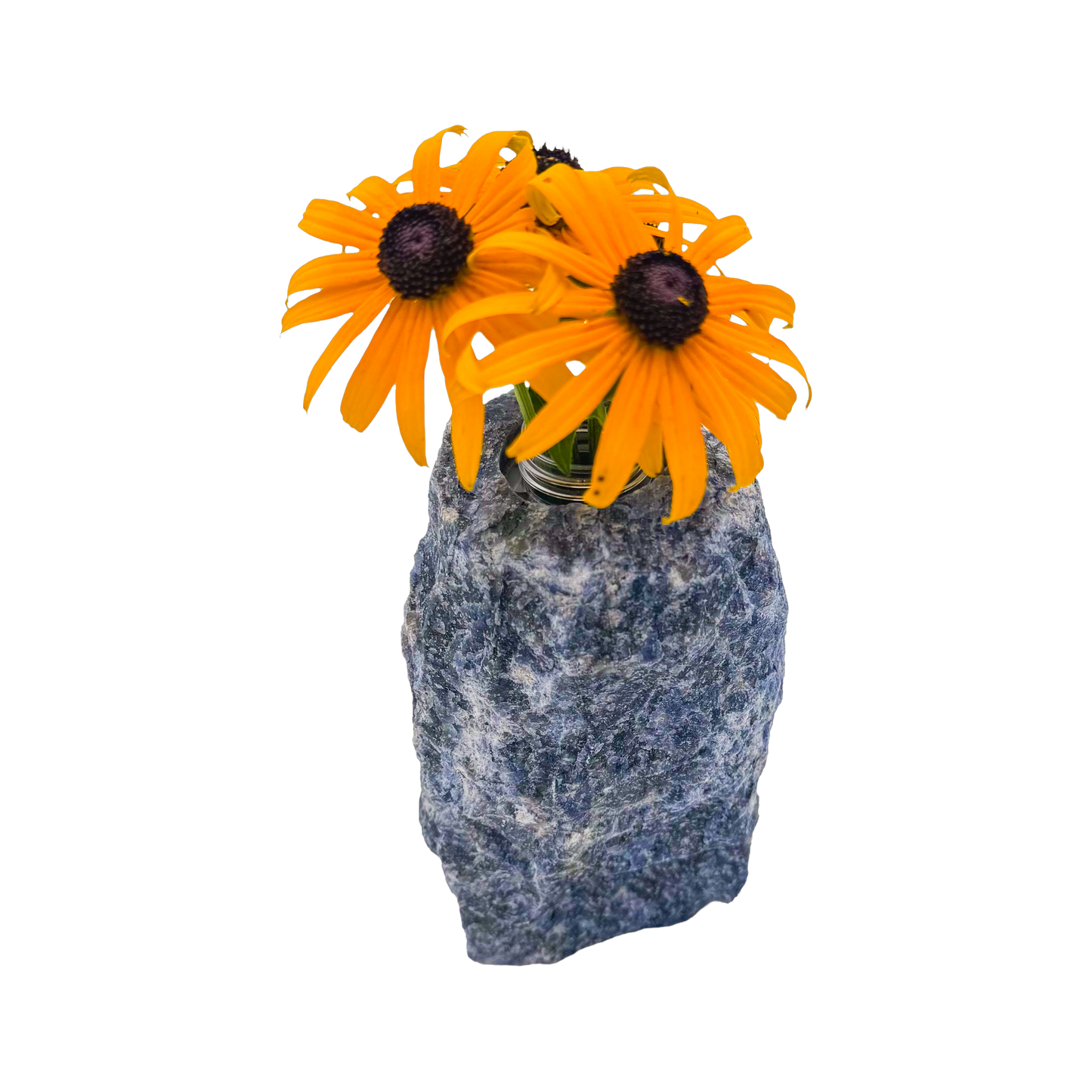 Sodalite crystal vase in deep blue stone with white calcite veining, A grade, Minas Gerais Brazil, view 1