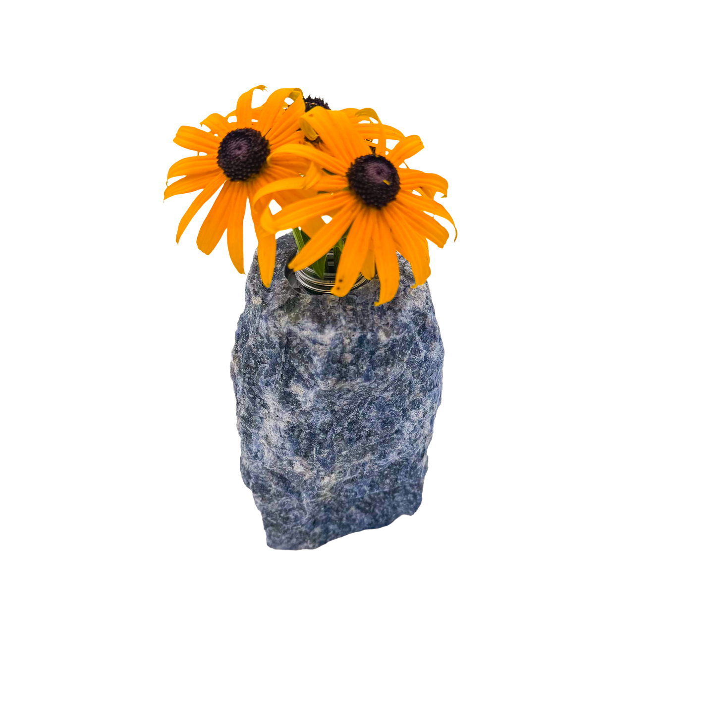 Sodalite crystal vase in deep blue stone with white calcite veining, A grade, Minas Gerais Brazil, view 1