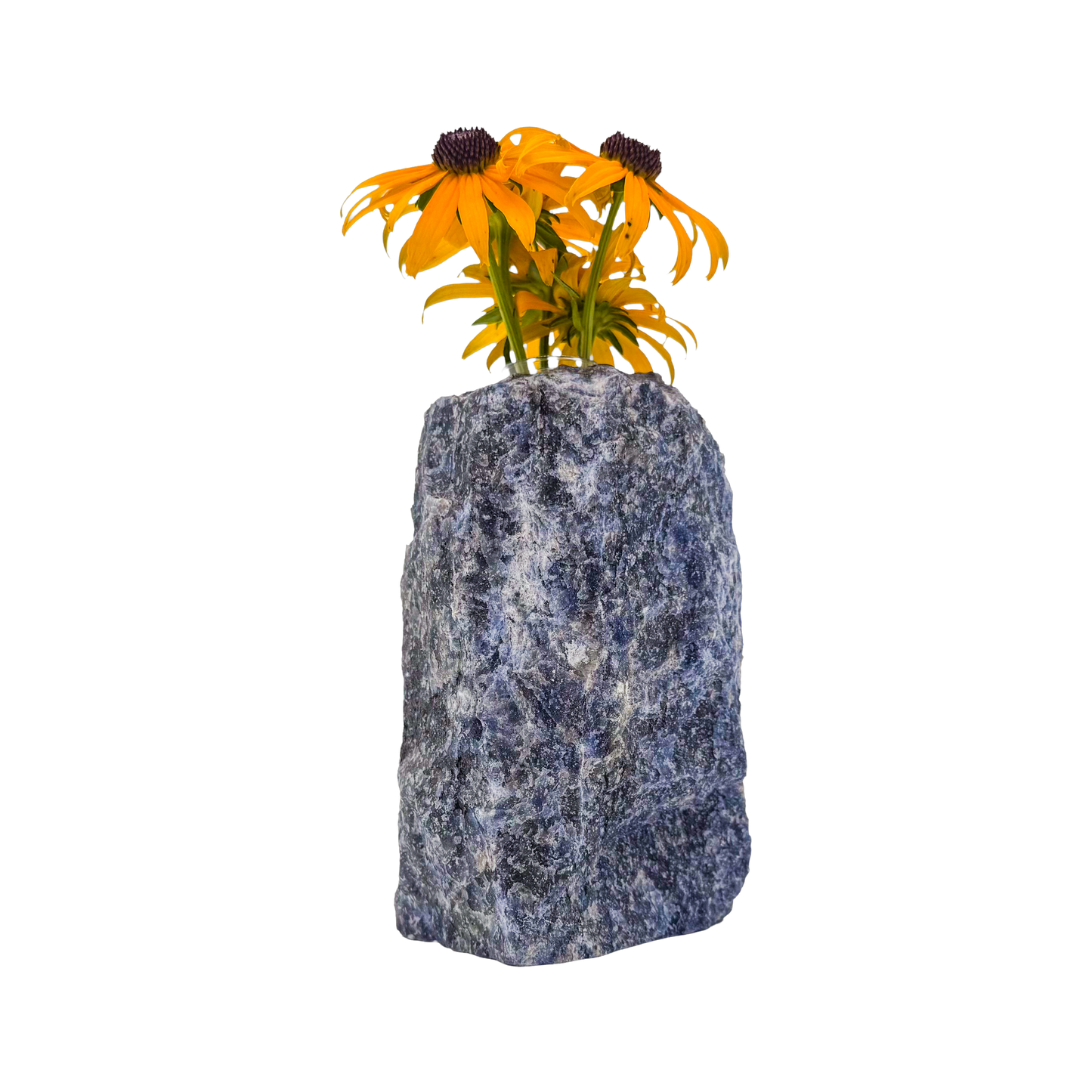 Sodalite crystal vase in deep blue stone with white calcite veining, A grade, Minas Gerais Brazil, view 5