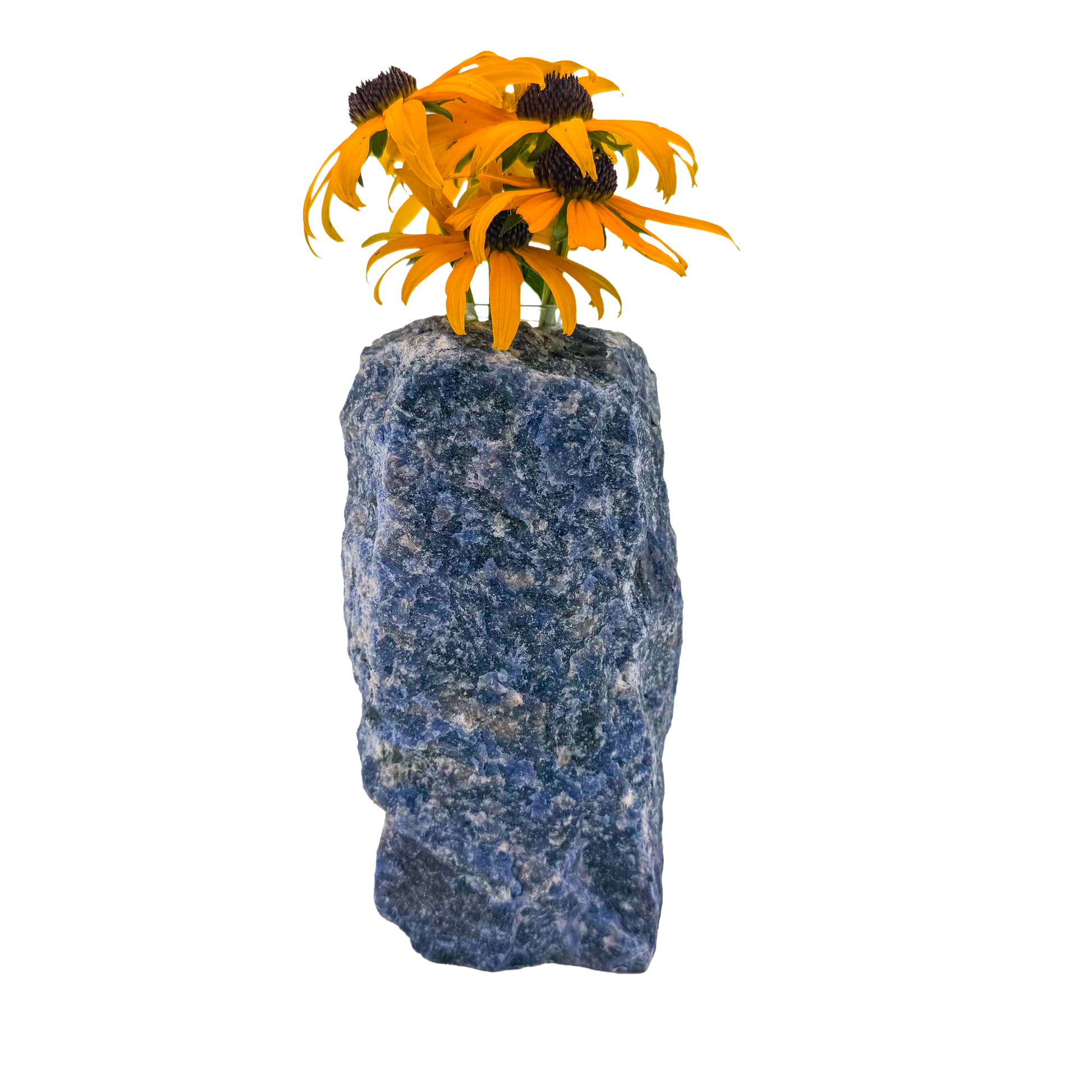 Sodalite crystal vase in deep blue stone with white calcite veining, A grade, Minas Gerais Brazil, view 7