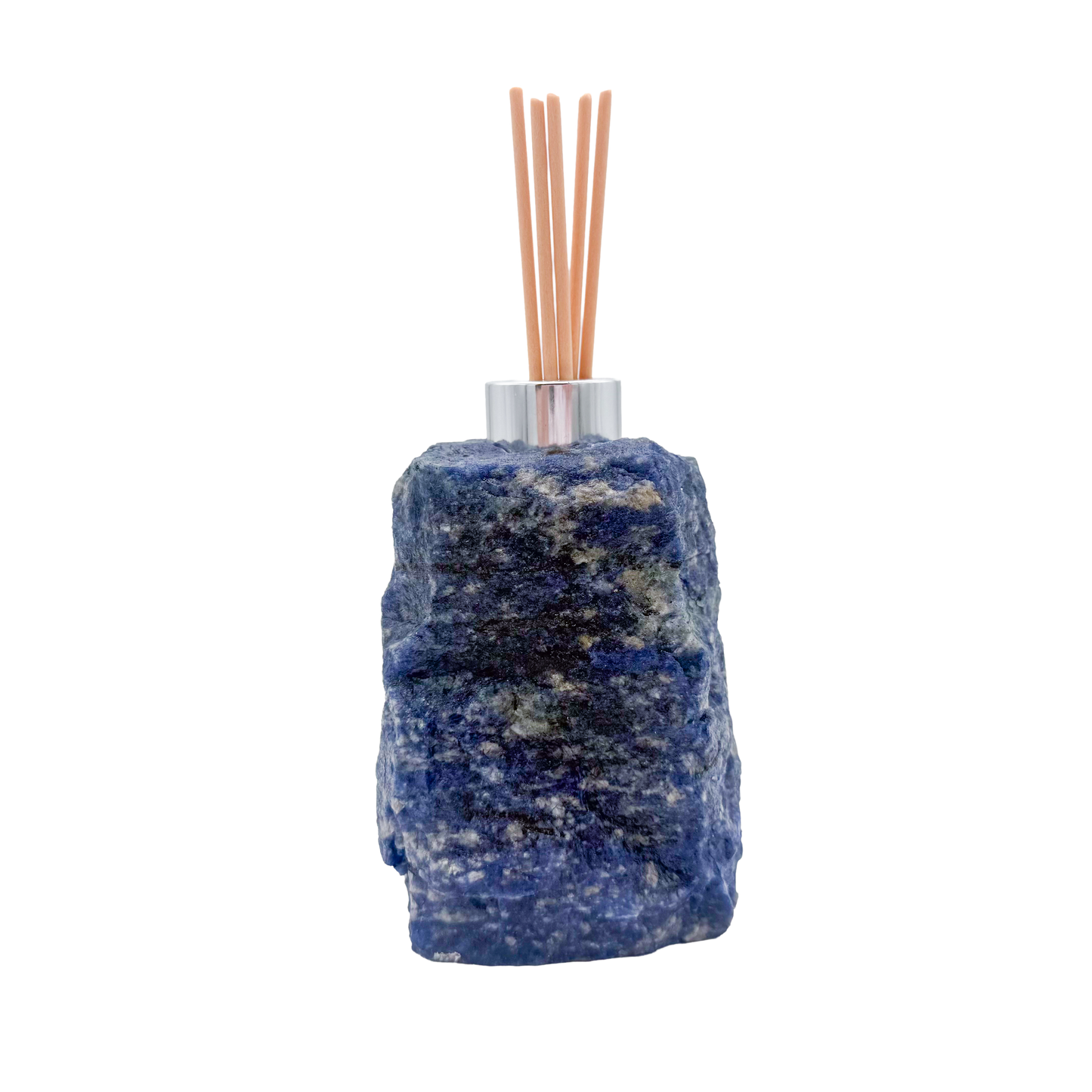 Sodalite reed oil diffuser from Brazil, royal blue stone block with chrome collar and reeds