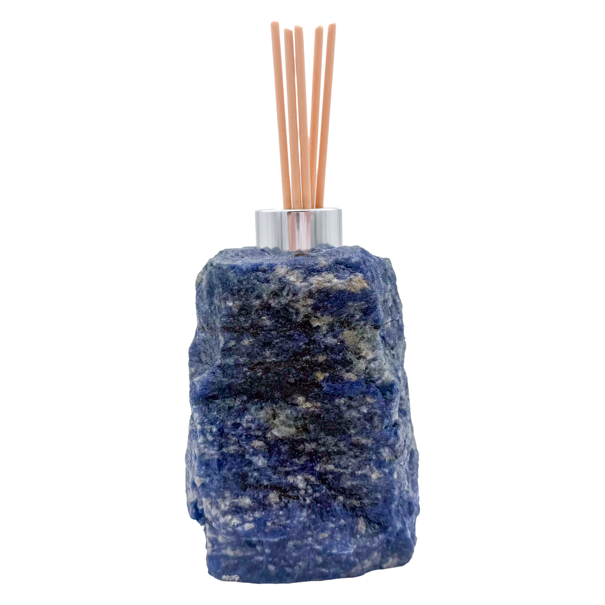 Sodalite reed oil diffuser from Brazil, royal blue stone block with chrome collar and reeds