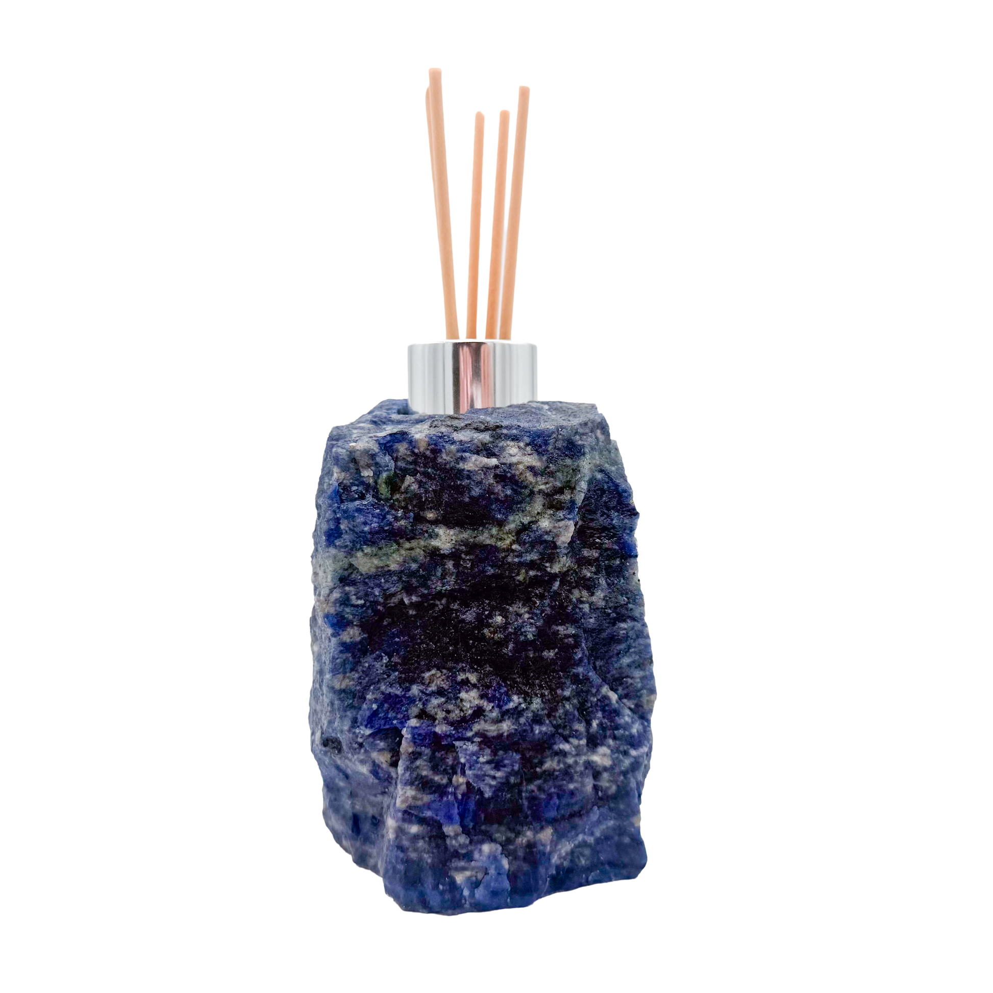 Sodalite reed diffuser angled view showing mottled royal blue and pale flecks