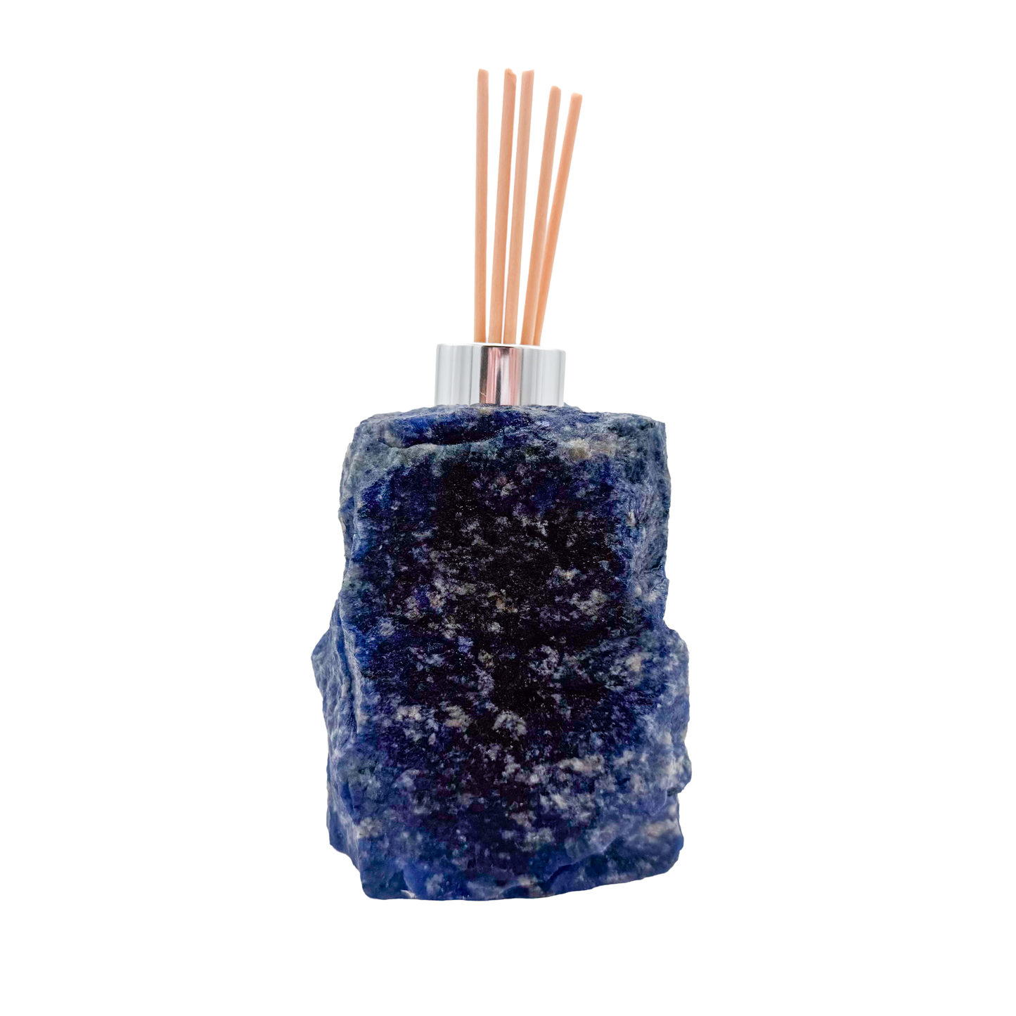Sodalite reed oil diffuser from Brazil, deep royal blue stone with white calcite veining and chrome collar