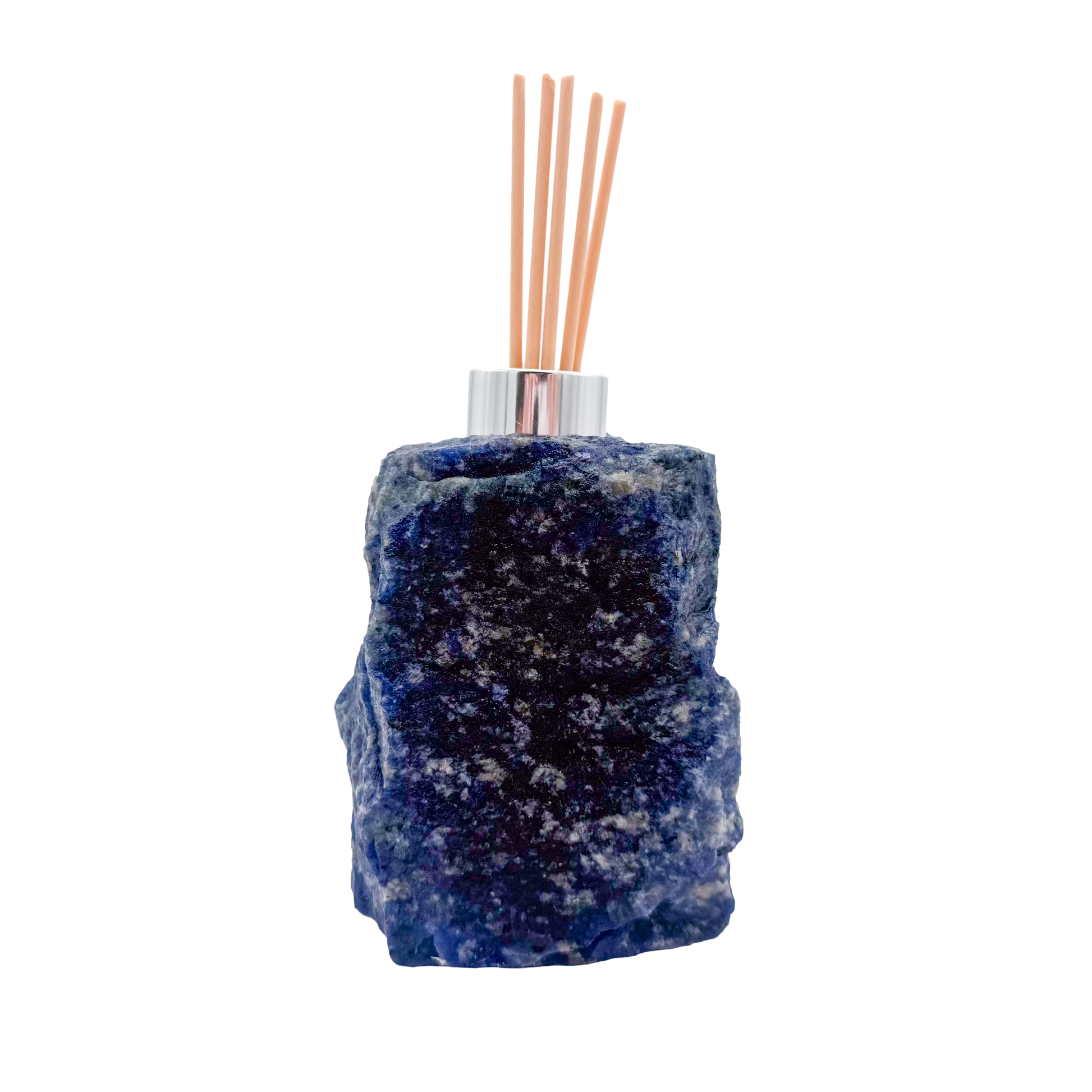 Sodalite reed oil diffuser from Brazil, deep royal blue stone with white calcite veining and chrome collar
