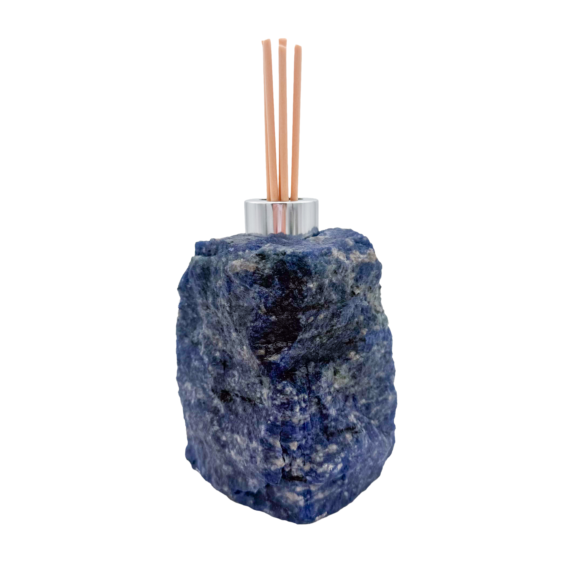 Sodalite reed diffuser with the chrome collar and drilled opening at the top